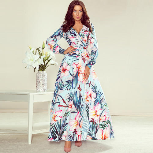 Slim Lace-Up Maxi Dresses Long Sleeve Printed Floral Dress PQLQ041B