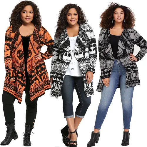 Winter Sweater Women Skull Cardigan Lapel Mid-length Wool Knitted Jacket PQLQ089A