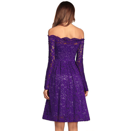 Sexy Long-sleeved Lace Dress Off Shoulder Stretch Slim Midi Dresses PQW662A