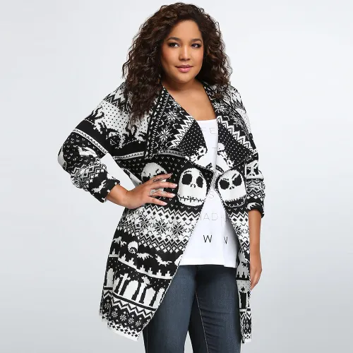 Winter Sweater Women Skull Cardigan Lapel Mid-length Wool Knitted Jacket PQLQ089A