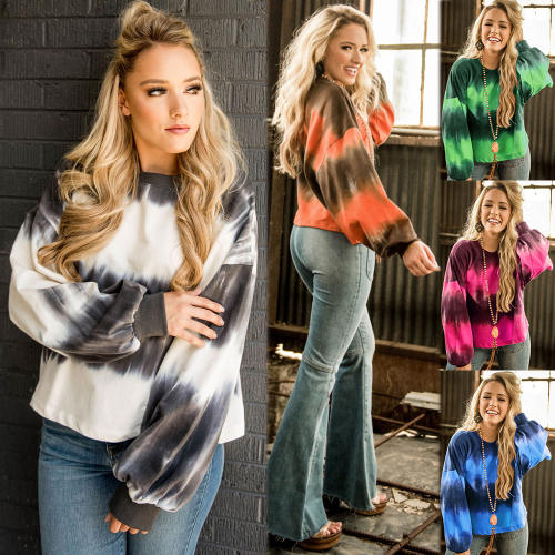 Gradient Color Sweater Autumn Round Neck Loose T-shirt Tie-dye Tops PQLQ044B