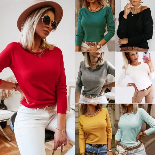 Slim Long Sleeve Knit Tops Fall/Winter High Stretch Wool Fleece Sweater PQLQ088C