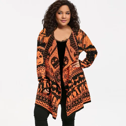 Lapel Mid-length Wool Knitted Jacket Winter Sweater Women Skull Cardigan PQLQ089C