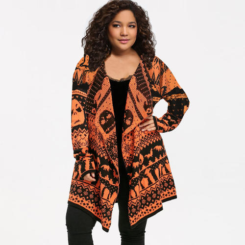 Lapel Mid-length Wool Knitted Jacket Winter Sweater Women Skull Cardigan PQLQ089C