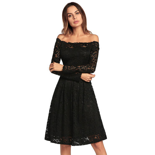 Off Shoulder Stretch Slim Midi Dresses Sexy Long-sleeved Lace Dress PQW662B