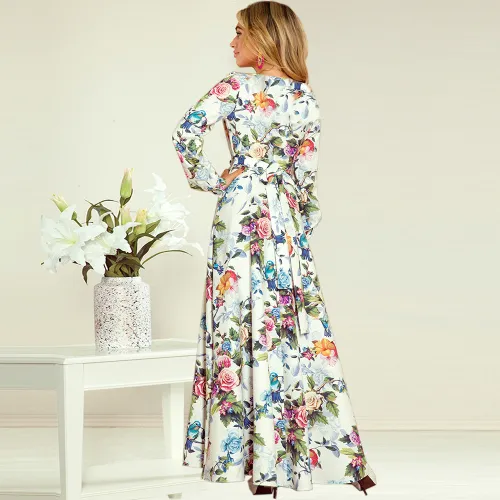 Long Sleeve Printed Floral Dress Slim Lace-Up Maxi Dresses PQLQ041A