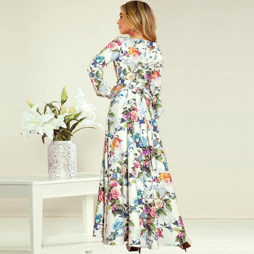 Long Sleeve Printed Floral Dress Slim Lace-Up Maxi Dresses PQLQ041A