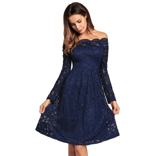 Long-sleeved Sexy Midi Dresses Chic Off Shoulder Lace Dress PQW662C