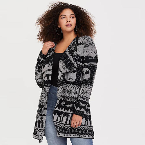 Women Skull Cardigan Lapel Mid-length Wool Knitted Jacket Winter Sweater PQLQ089B