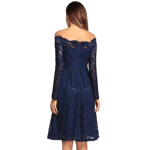Long-sleeved Sexy Midi Dresses Chic Off Shoulder Lace Dress PQW662C