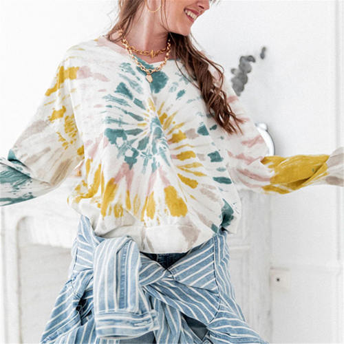 Gradient Long-sleeved Jacket Round Neck Sweater Tie-dye Autumn Loose Tops PQLQ029B