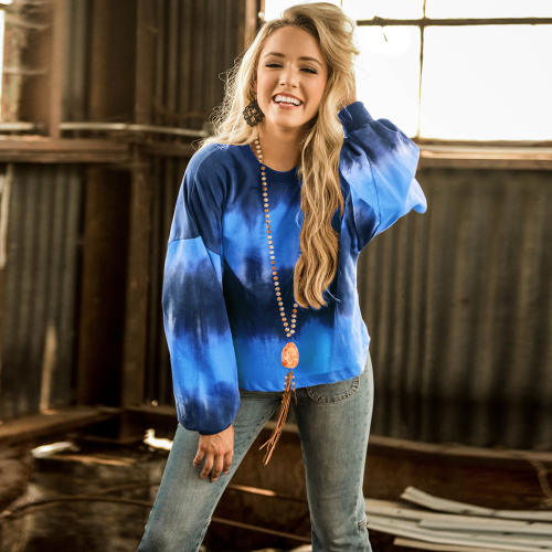 Autumn Tie-dye Tops Round Neck Loose T-shirt Gradient Winter Sweater PQLQ044E