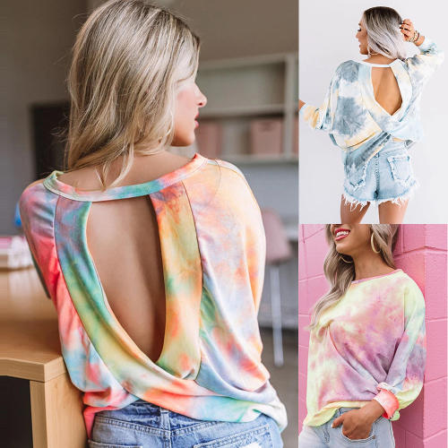Round Neck Autumn Sweater Gradient Tie-dye Backless Sexy Loose Tops PQLQ035A