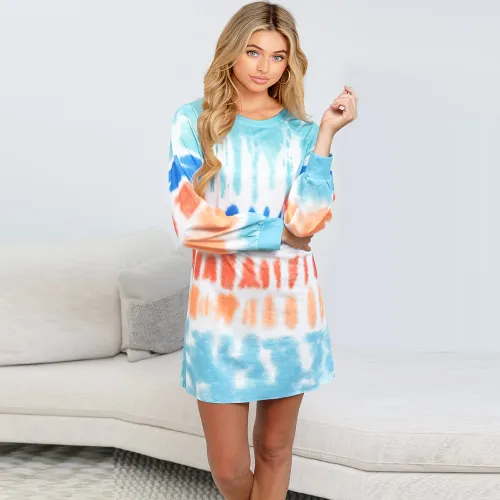 Contrast Color Round Neck Tops T-shirt Fall Tie-dye Printed Sweater PQLQ045B
