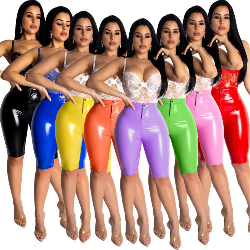 Sexy Knee Length Faux Leather Pants Women PU Shorts PQ4536B