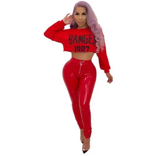 High Waist Shiny Faux Leather Trousers for Women Fashion PU Pants PQUJ4519B