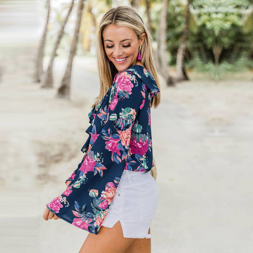 Autumn Women V-neck Floral T-shirt Spring Long Sleeve Knitted Printed Top PQLH024A