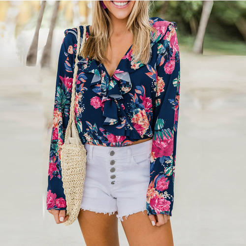 Autumn Women V-neck Floral T-shirt Spring Long Sleeve Knitted Printed Top PQLH024A
