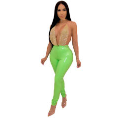 High Waist Latex Pants Full Length Faux Leather PU Sexy Trousers PQUJ4520A