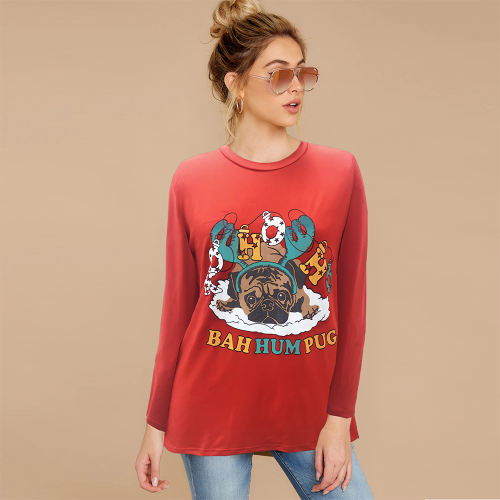 Christmas Printing Sweater Crew Neck T-shirt Long Sleeve Party Tops PQ22913A