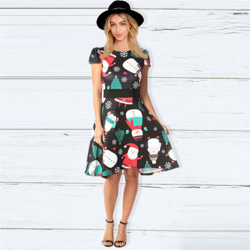 Short Sleeve Christmas Print Dress Autumn Midi Dress For Women PQ22897C