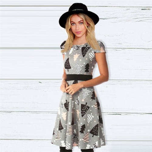 Autumn Midi Dress For Women Short Sleeve Christmas Print Dress PQ22897B