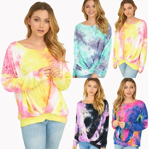 Women Autumn Tops Tie-dye Printed Sweaters Long Sleeve T-shirts PQLQ055D