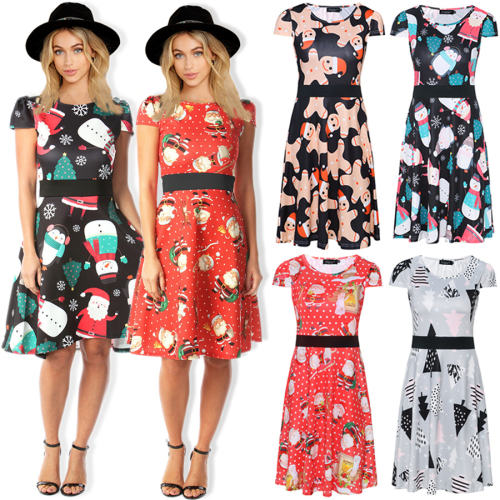 Short Sleeve Christmas Print Dress Autumn Midi Dress For Women PQ22897C