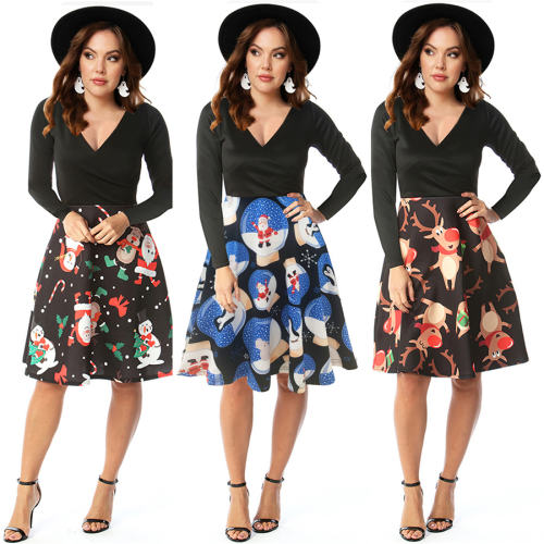 Autumn Christmas Printed Party Dress Winter A-line Midi Dresses PQ22896C