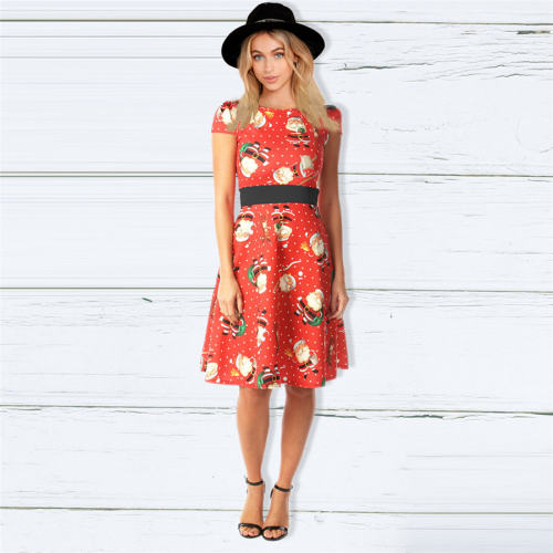 Autumn Short Sleeve Midi Dress Christmas Print Dress For Women PQ22897D
