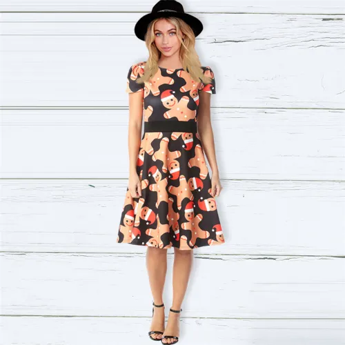 Autumn Midi Dress For Women Short Sleeve Round Neck Christmas Print Dress PQ22897A