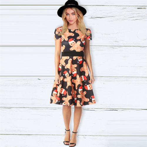 Autumn Midi Dress For Women Short Sleeve Round Neck Christmas Print Dress PQ22897A