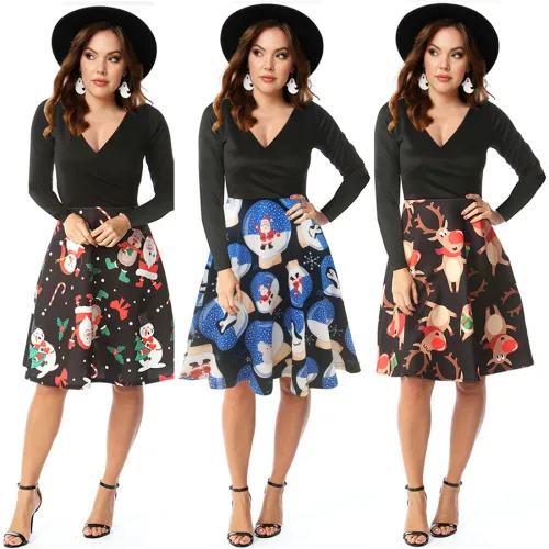Winter A-line Midi Dresses Autumn Christmas V-neck Printed Dress PQ22896B