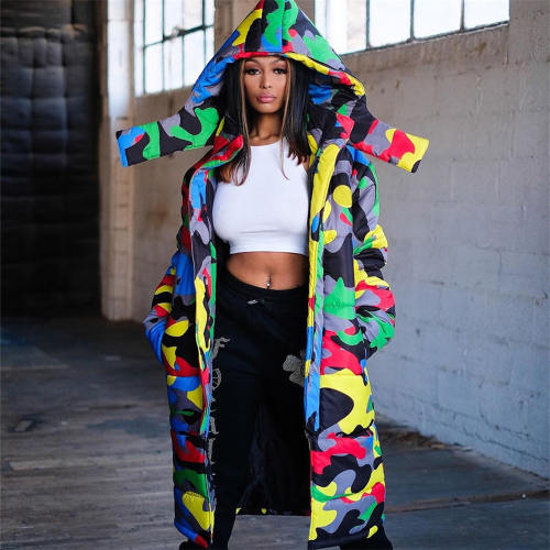 Camouflage Printing Quilted Jacket Dyeing Long Down Jacket PQUJ4554