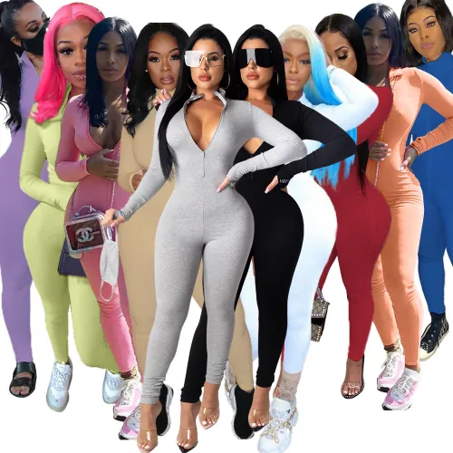 Embroidered Street Wear Solid Color Tracksuit Pit Striped Ribbed Jumpsuit PQ6115F