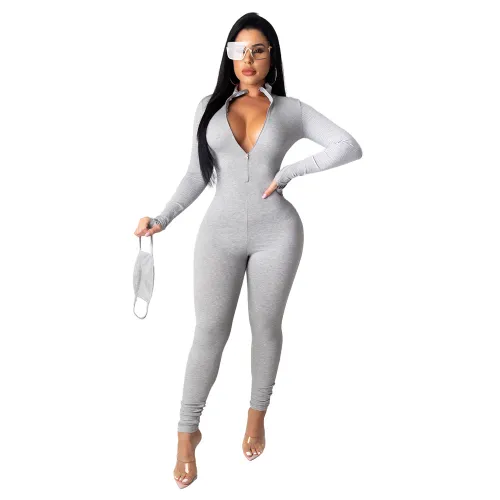 Solid Color Tracksuit For Women Fashion Street Wear Pit Striped Ribbed Jumpsuit PQ6115J