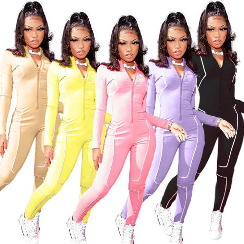 Stitching Sports Tracksuit Solid Color Women Fitness Jumpsuit PQAJ4318C