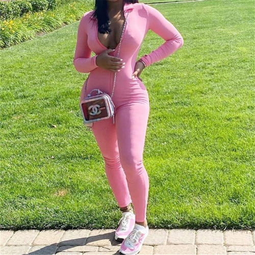 Solid Color Tracksuit Fashion Street Wear Pit Striped Ribbed Jumpsuit PQ6115H