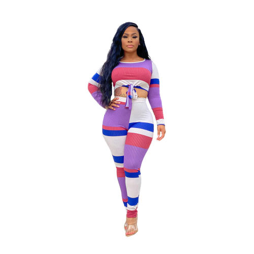 Long Sleeve Street Wear Striped Printing Two-piece Suit For Women PQAJ4316