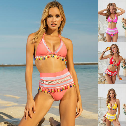 Mesh Patchwork Sexy Bikini Ladies Tassel Swimsuit Fringed Swimwear PQ19027B