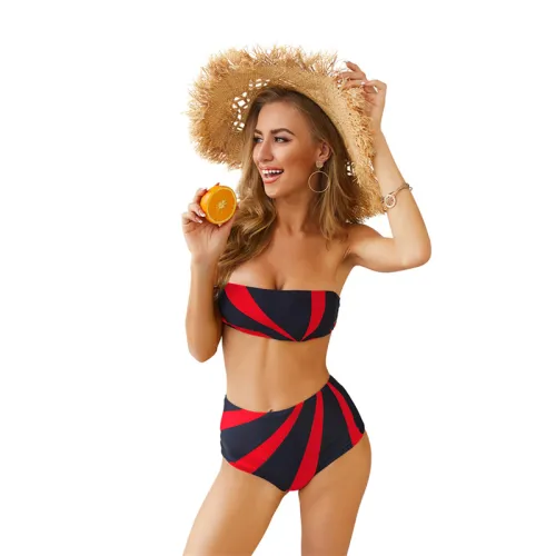 Ladies Striped Swimsuits Fashion Bandeau Swimwear High Waist Bikinis PQ19020