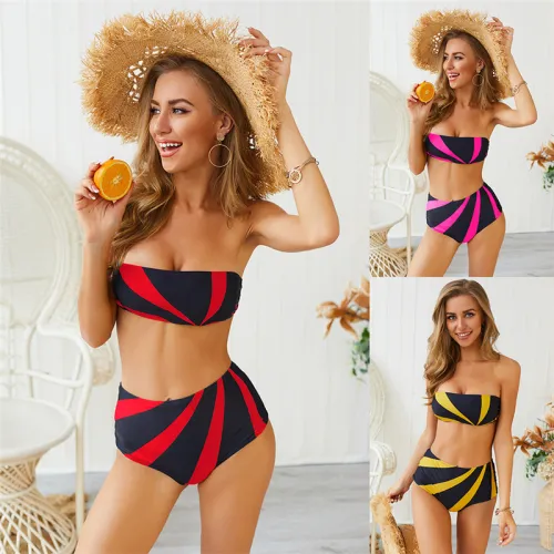 Ladies Striped Swimsuits Fashion Bandeau Swimwear High Waist Bikinis PQ19020