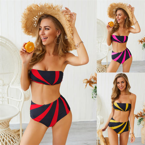 Ladies Striped Swimsuits Fashion Bandeau Swimwear High Waist Bikinis PQ19020
