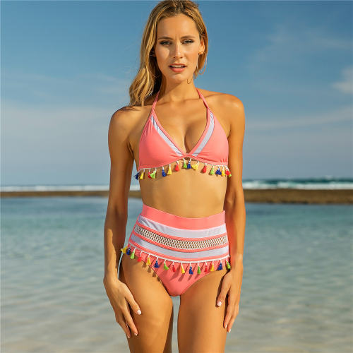 Fringed Swimwear Mesh Patchwork Sexy Bikini Ladies Tassel Swimsuit PQ19027A