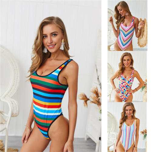 Stripe Print Monokini Sexy One Piece Swimwear Contrast Color Beachwear PQ19006D