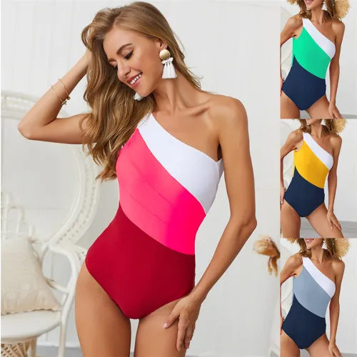 Contrast Color Swimwear Wholesale One Piece Beachwear One Shoulder Monokini PQ19005