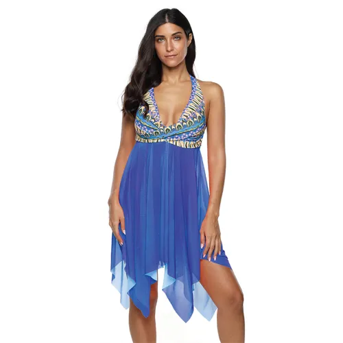 Women Plus Size Beach Dresses V-neck 4XL Mesh Floral Print Swimdress PQ2020F