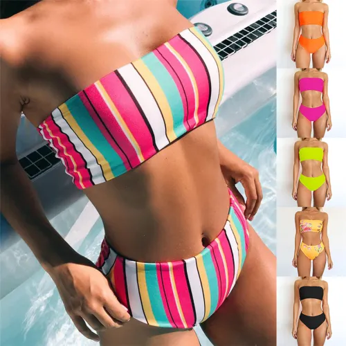 Strapless Bathing Suits Fashion Bandeau Bikinis Mid Waist Designer Swimwear PQ9043C