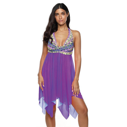 V-neck 4XL Mesh Beach Dresses Women Plus Size Floral Printed Swimdress PQ2020D