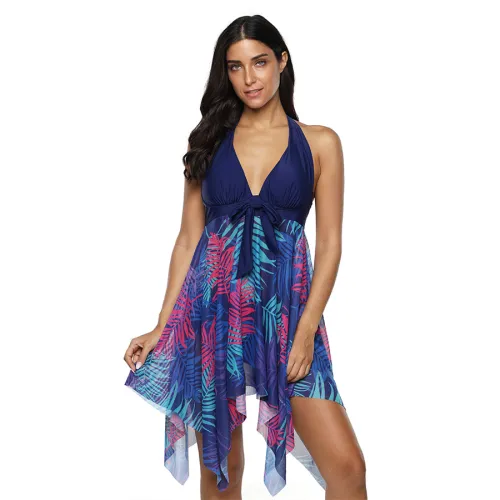 Floral Print Swimsuit Super Size Beach Dress Women Padding Swimdress PQ2037C